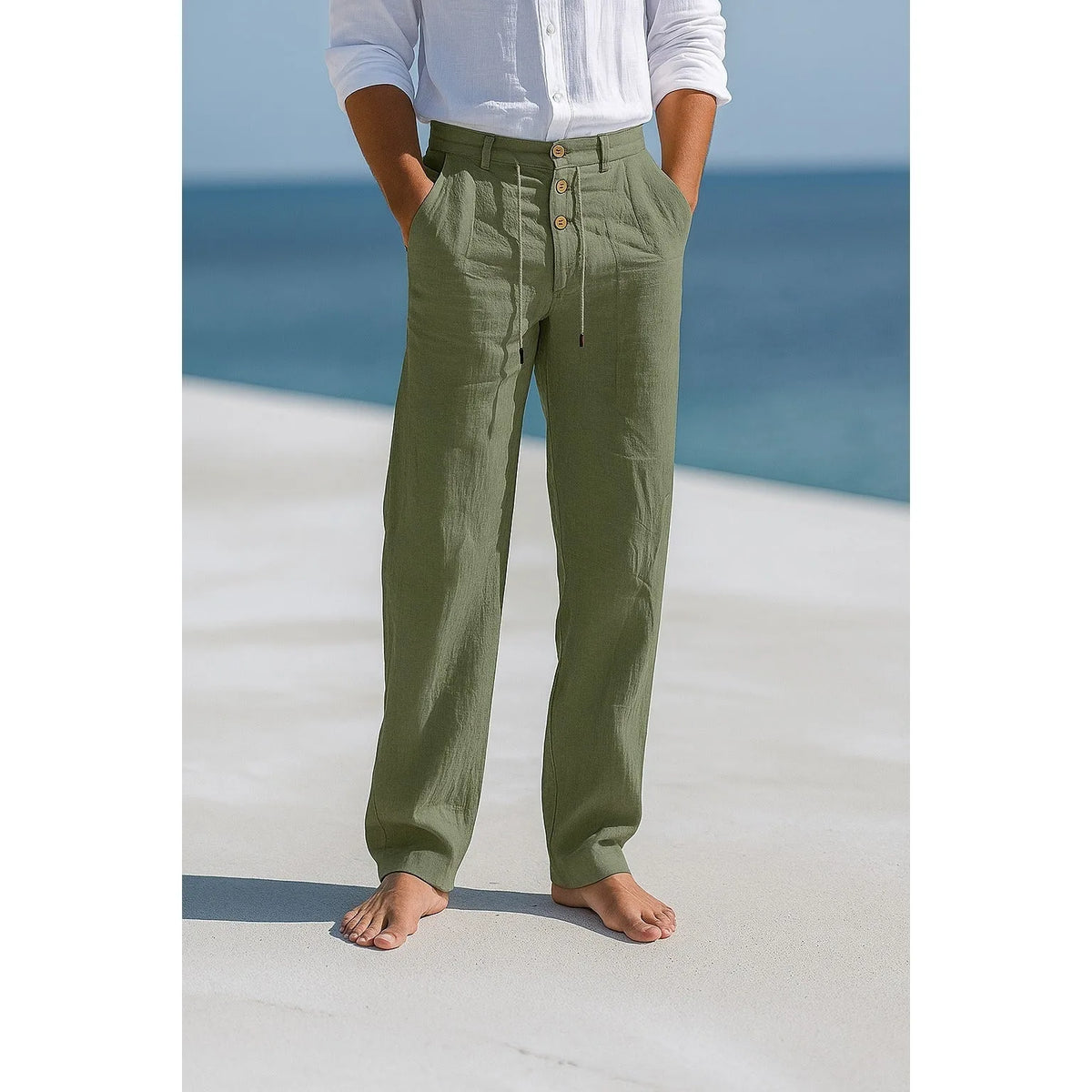 Men's Relaxed Straight-Leg Linen Pants with Drawstring image 9