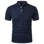 Navy blue polo shirt with mandarin collar, white trim and button placket, front view on white background