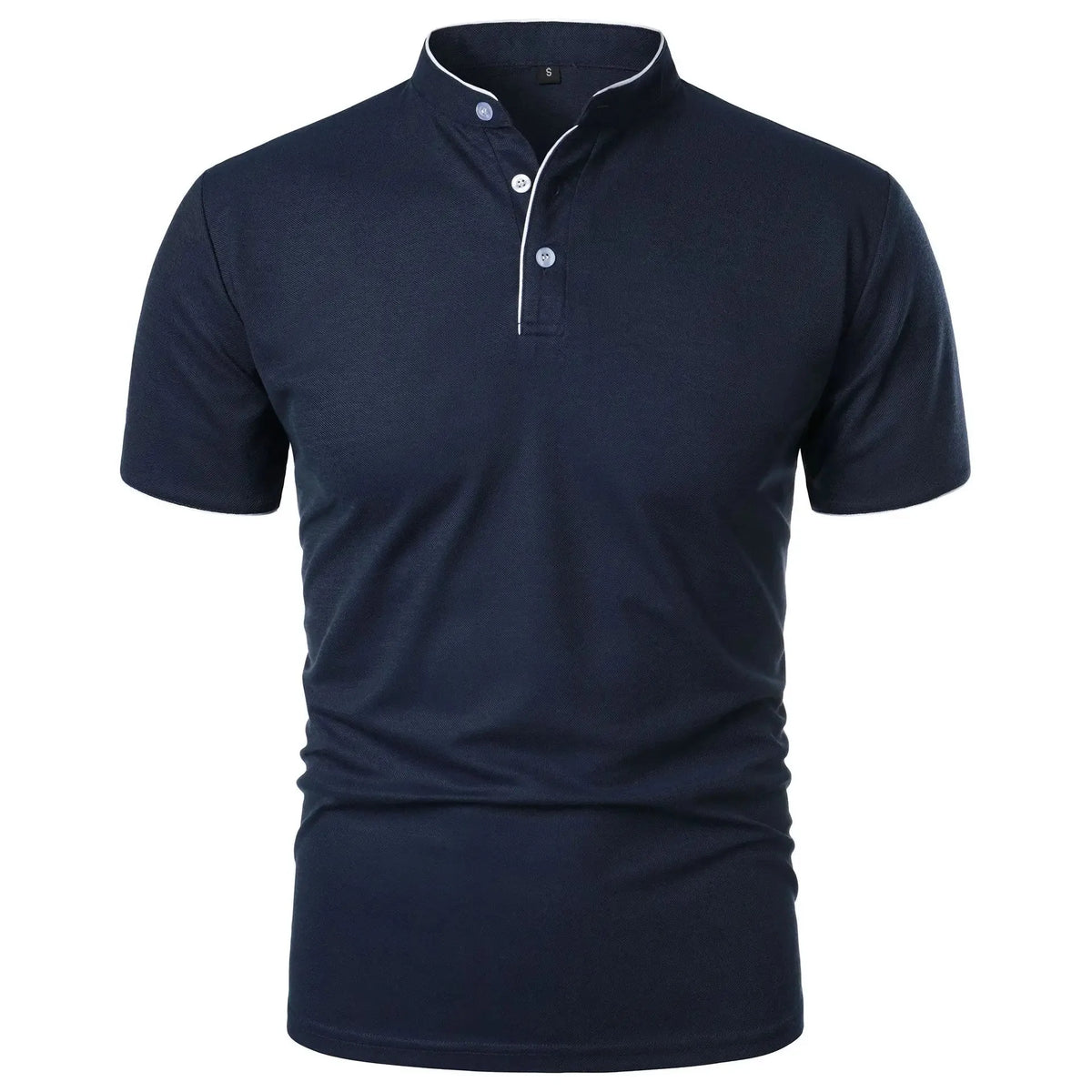 Navy blue polo shirt with mandarin collar, white trim and button placket, front view on white background