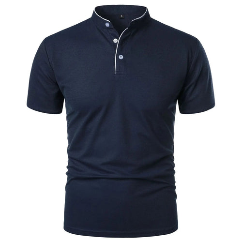 Navy blue polo shirt with mandarin collar, white trim and button placket, front view on white background