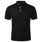 Black polo shirt with mandarin collar, white piping detail and three-button placket, front view