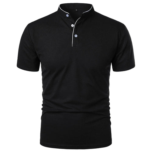 Black polo shirt with mandarin collar, white piping detail and three-button placket, front view