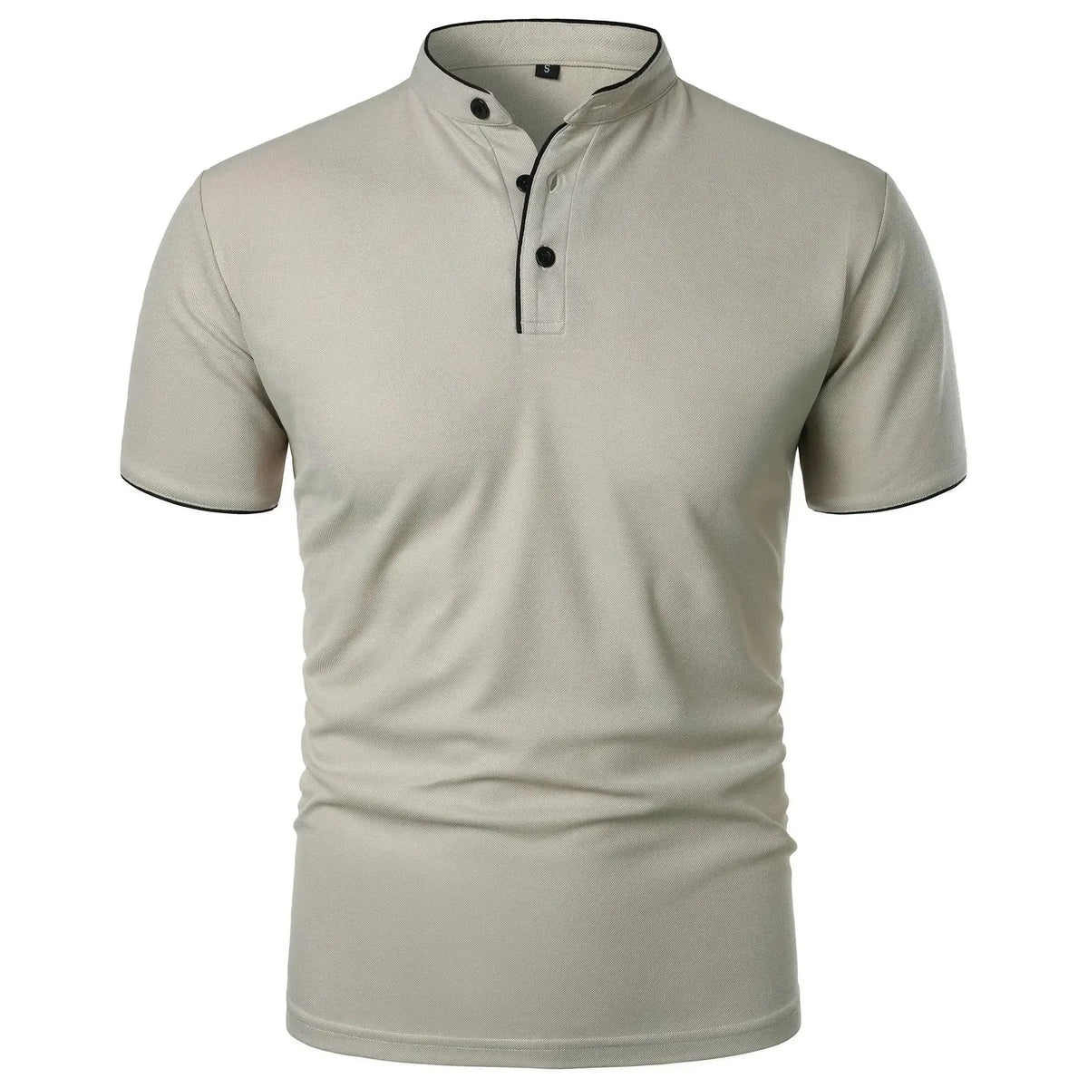 Light khaki polo shirt with mandarin collar, black trim and matching buttons, front view on white background