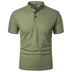 Olive green polo shirt with stand-up collar, black piping and button placket, front view