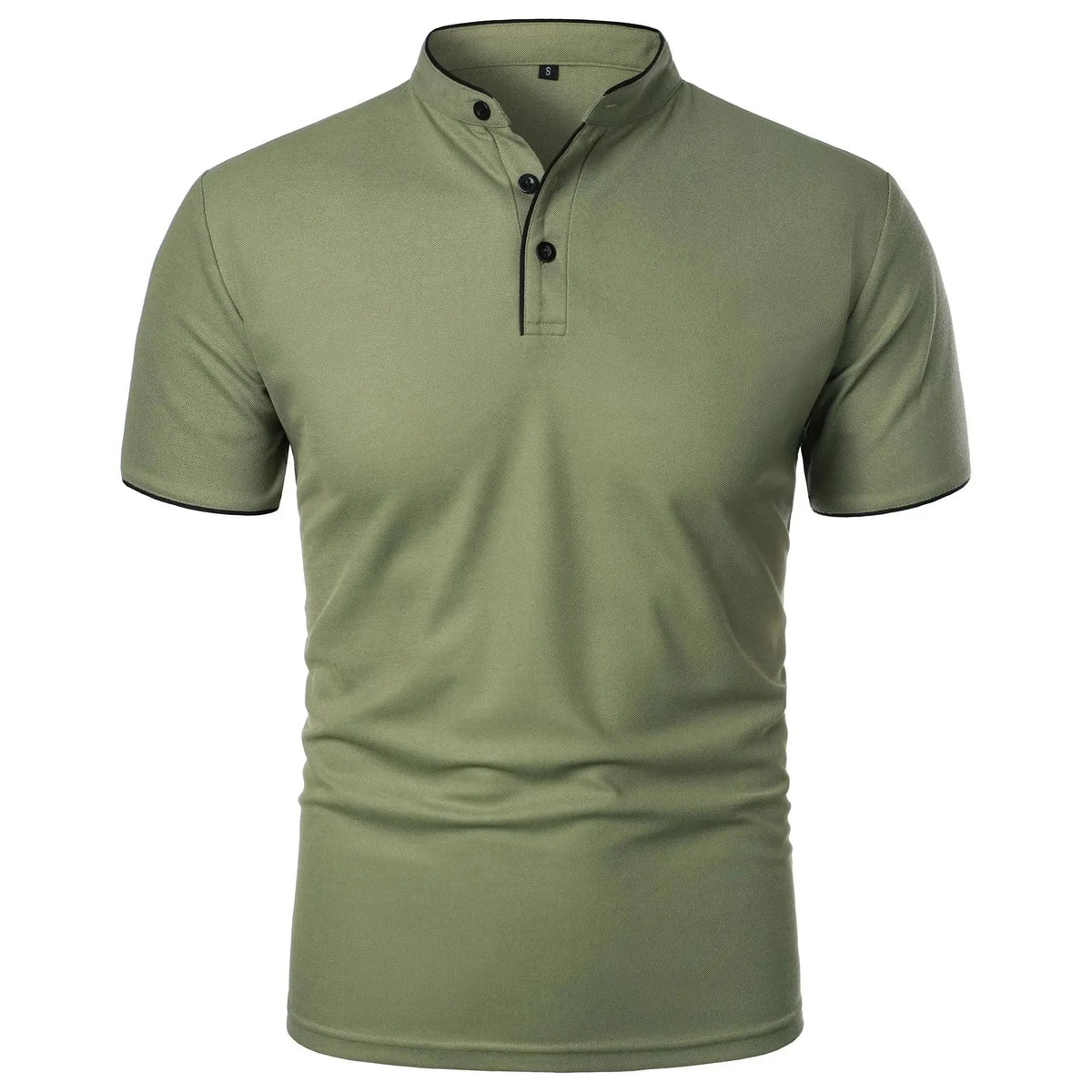 Olive green polo shirt with stand-up collar, black piping and button placket, front view
