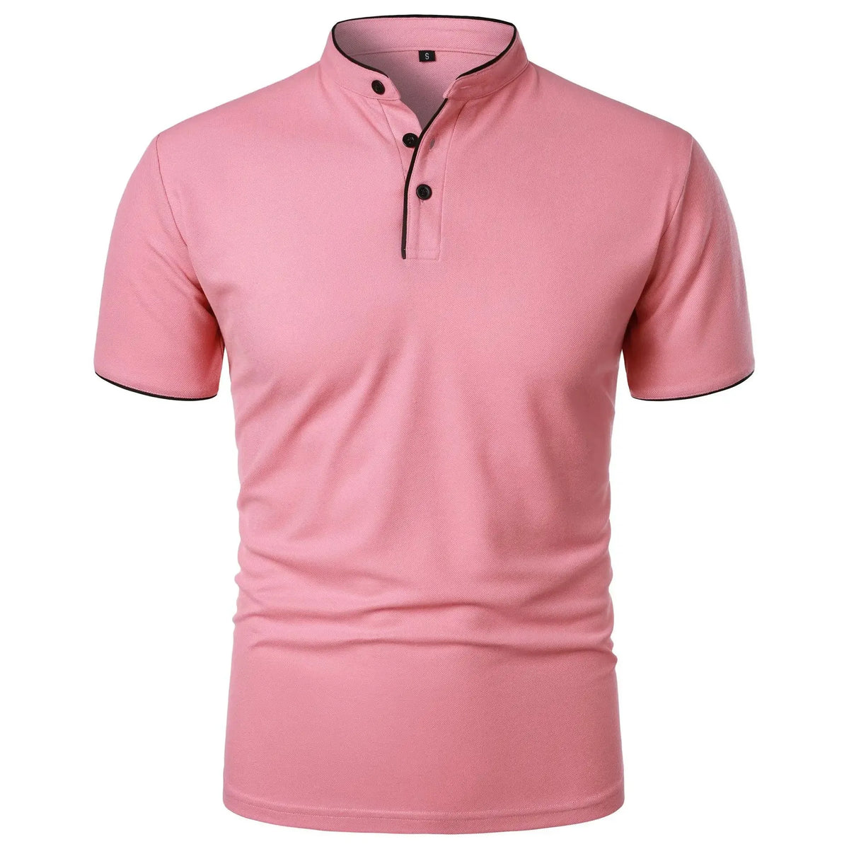 Pink polo shirt with mandarin collar, black trim and buttons, short sleeves, front view on white background