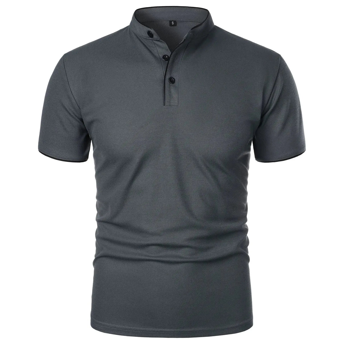 Charcoal grey polo shirt with stand-up collar, black piping detail, front view on white background