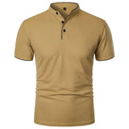 Khaki tan polo shirt with mandarin collar, black trim and button placket, front view on white background