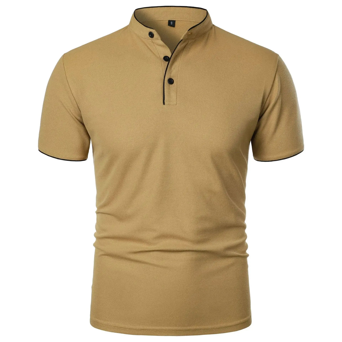 Khaki tan polo shirt with mandarin collar, black trim and button placket, front view on white background