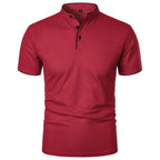 Red polo shirt with stand-up collar, black piping and matching buttons, front view on white background