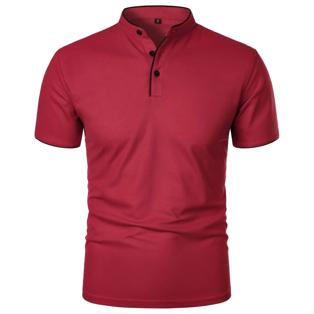 Red polo shirt with stand-up collar, black piping and matching buttons, front view on white background