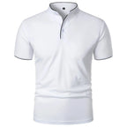 Close front view of polo shirt showing mandarin collar construction, contrast piping and three-button placket detail