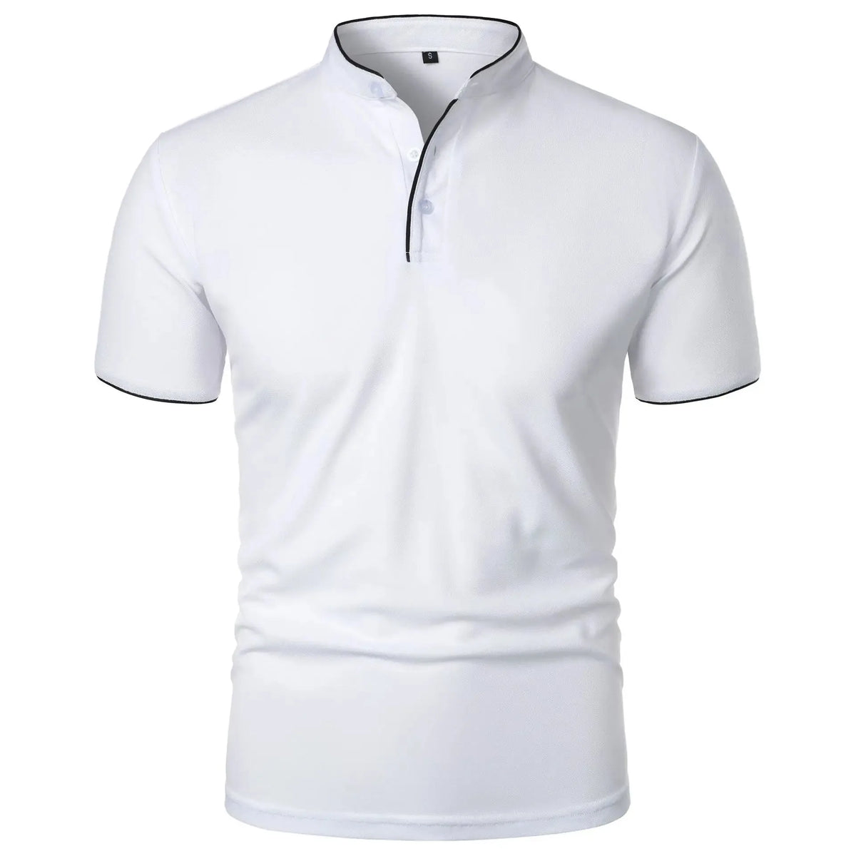 Close front view of polo shirt showing mandarin collar construction, contrast piping and three-button placket detail