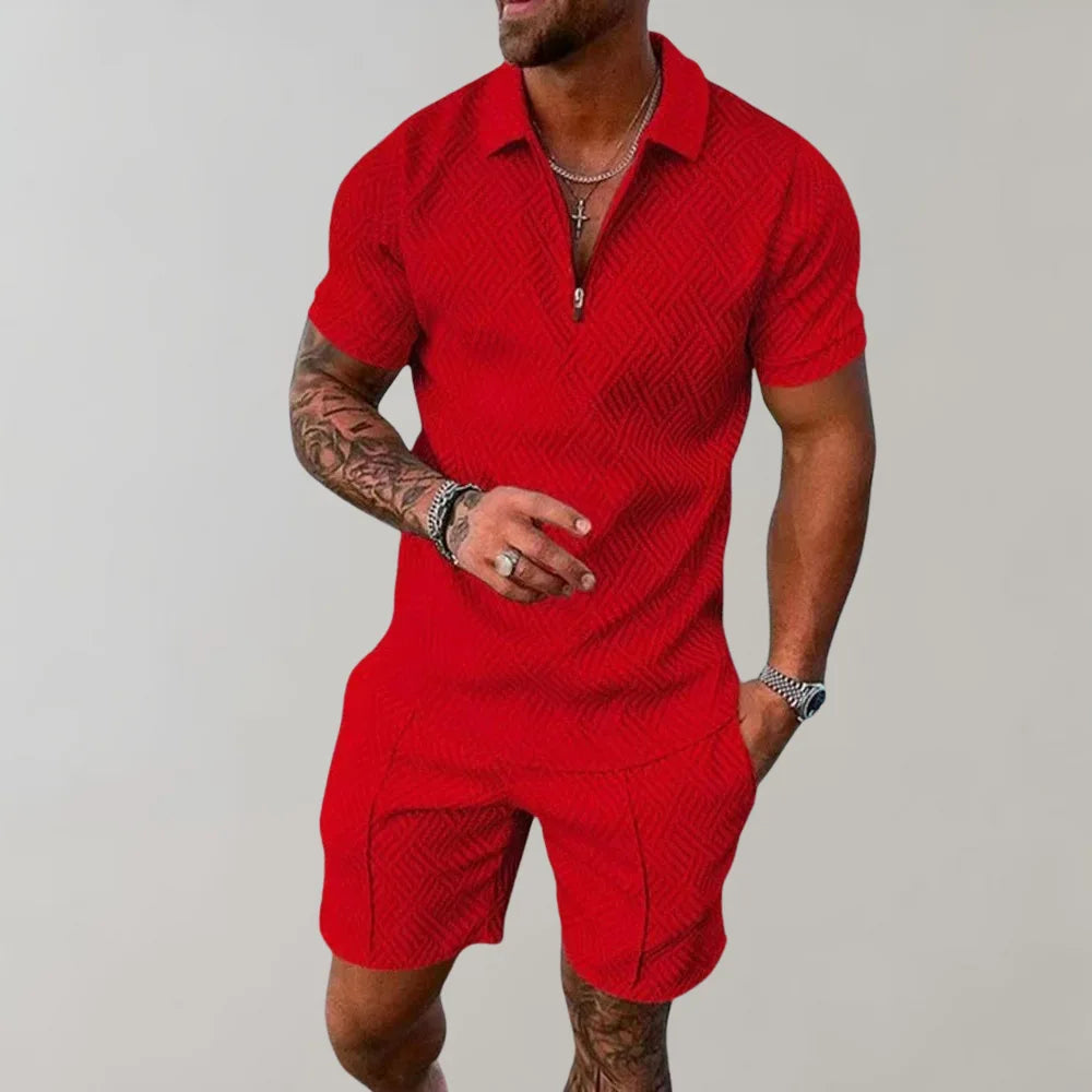 Red textured polo shirt and shorts set with half-zip collar, front view against a plain backdrop