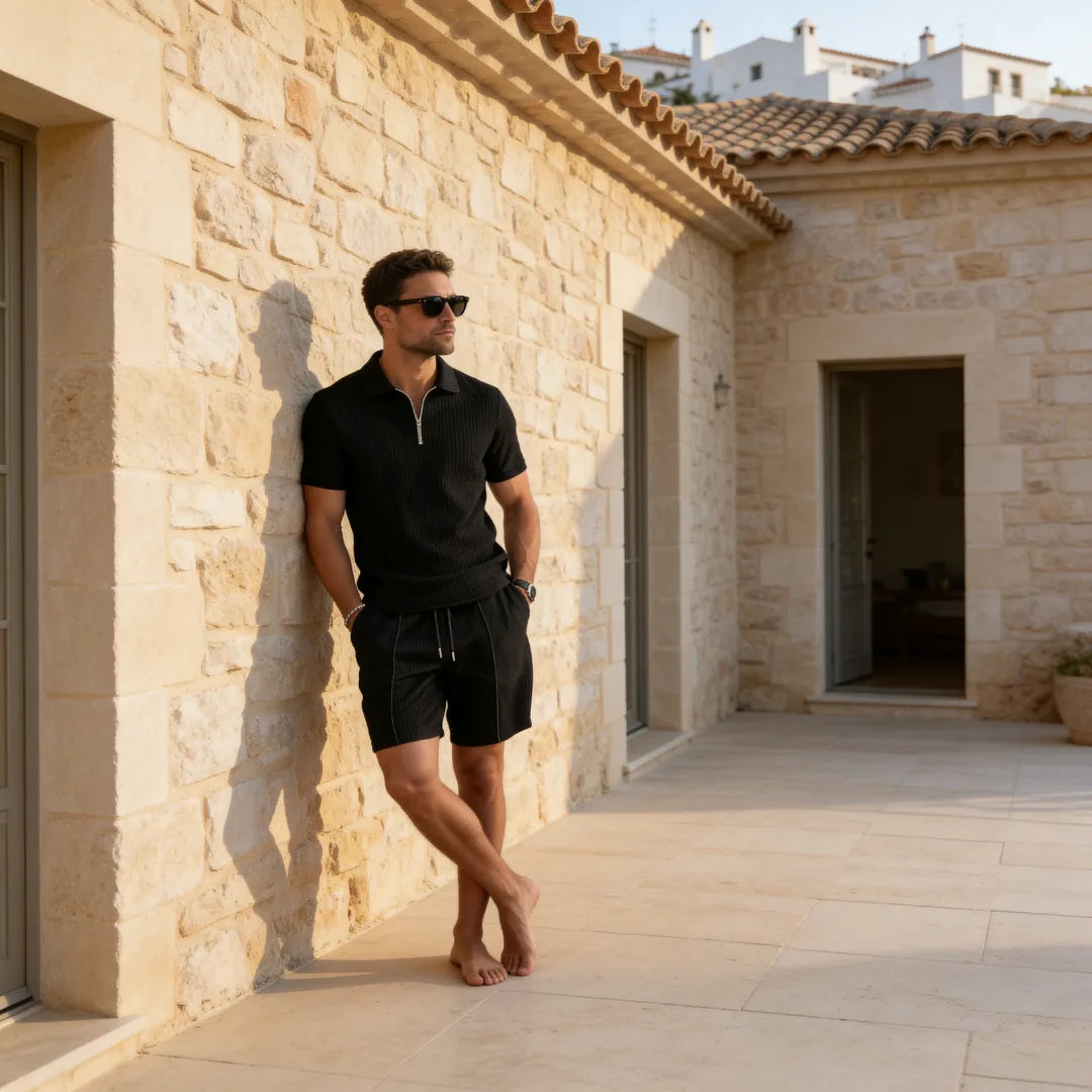Man wearing the grey polo and shorts set with hands in pockets, side angle near stone wall