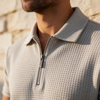 Close-up of the quarter-zip collar detail on a grey waffle-textured knit polo shirt