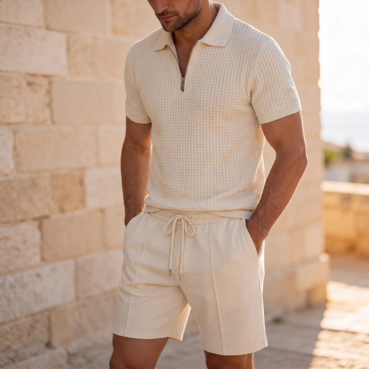Man wearing a cream waffle-knit quarter-zip polo with matching drawstring shorts against a stone wall