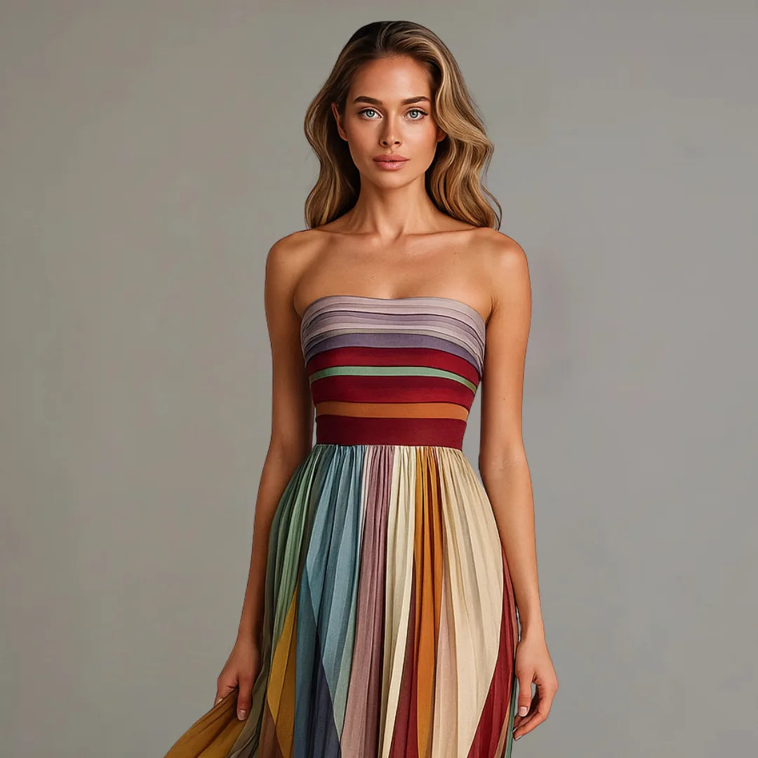 Close-up front view of the strapless neckline and striped pleated bodice in burgundy, green, mustard and cream tones.