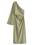 Product shot of the sage green one-shoulder dress on a plain background showing the asymmetric draped bodice
