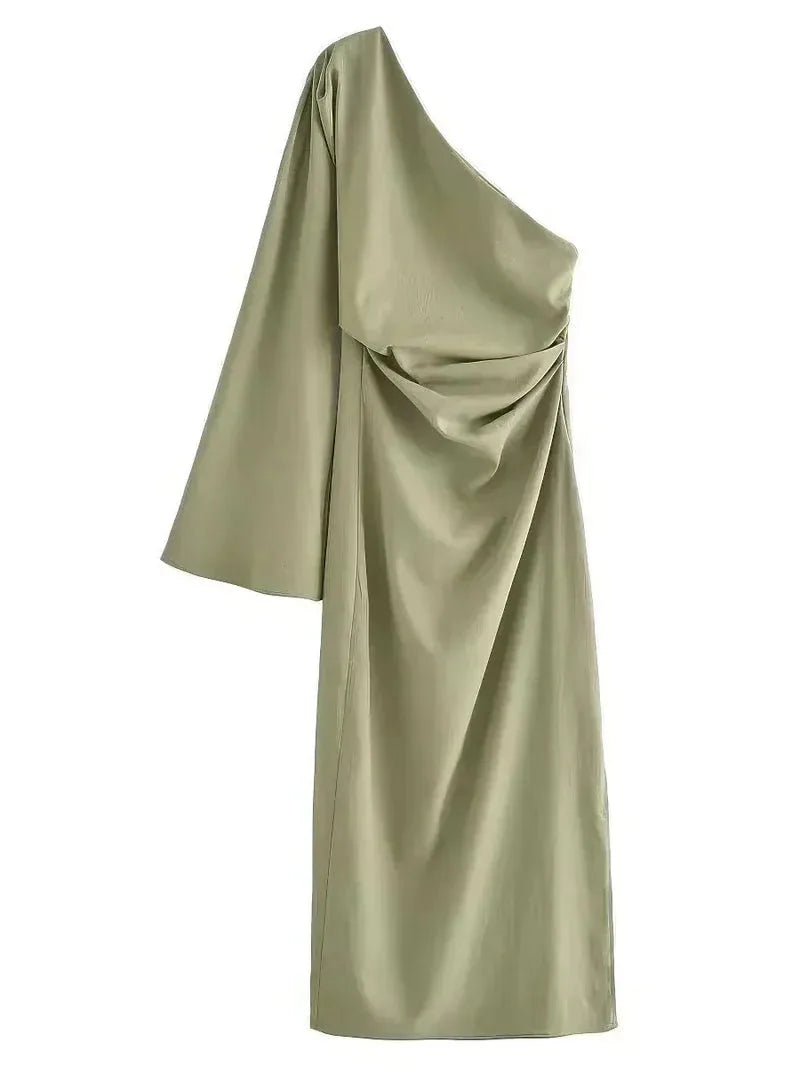 Product shot of the sage green one-shoulder dress on a plain background showing the asymmetric draped bodice