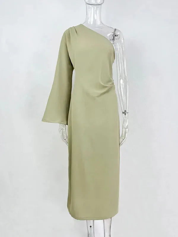 Side angle of the sage green dress on a mannequin showing the one-shoulder neckline and slim midi-to-maxi silhouette