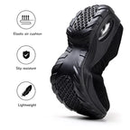 Front angled view of a black and grey knit sneaker with air cushion sole unit