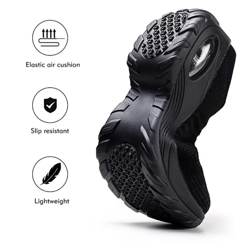 Front angled view of a black and grey knit sneaker with air cushion sole unit