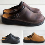 Collage of dark brown, black and tan leather clogs showing all three available colourways