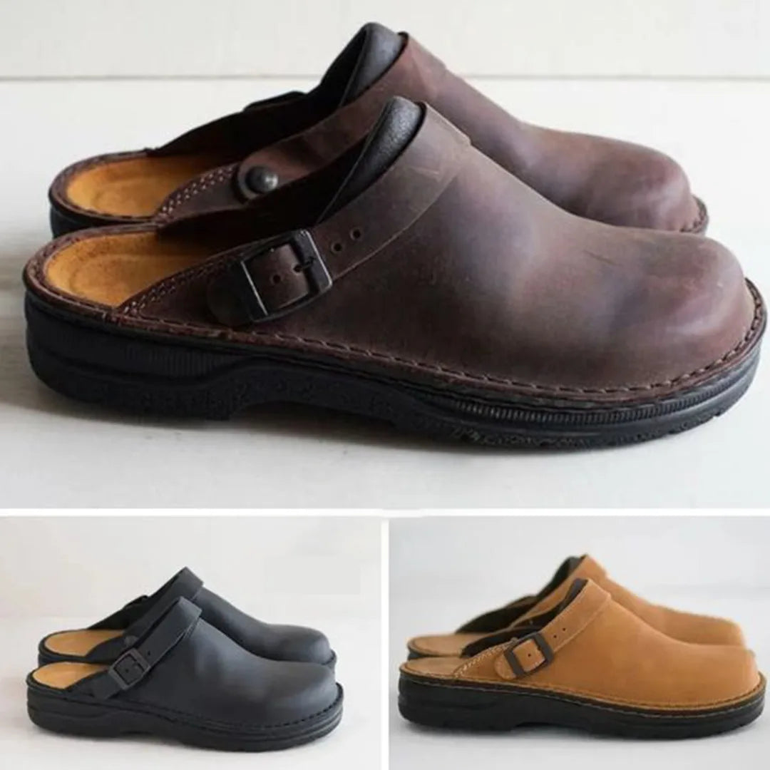 Collage of dark brown, black and tan leather clogs showing all three available colourways