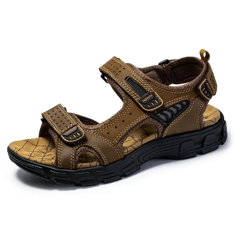 Angled view of a dark brown leather sandal with triple adjustable straps, mesh side panels and a rugged black sole.