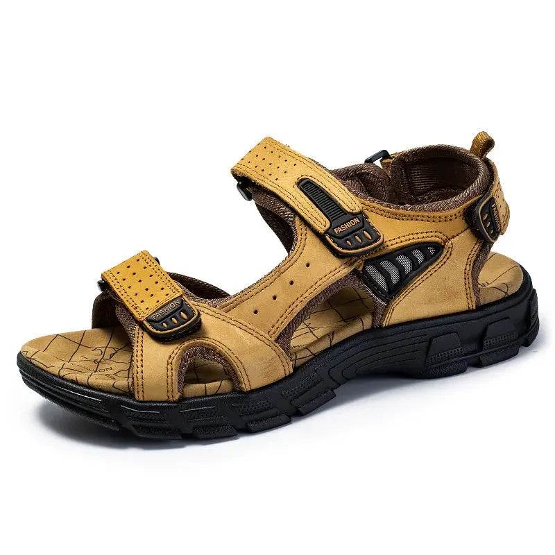 Angled view of a yellow-brown leather sandal with adjustable straps, cushioned tan insole and chunky tread sole.