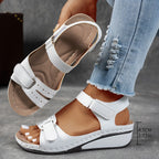 White wedge sandal with heel height marked at 4.5cm, highlighting the platform sole and cushioned footbed