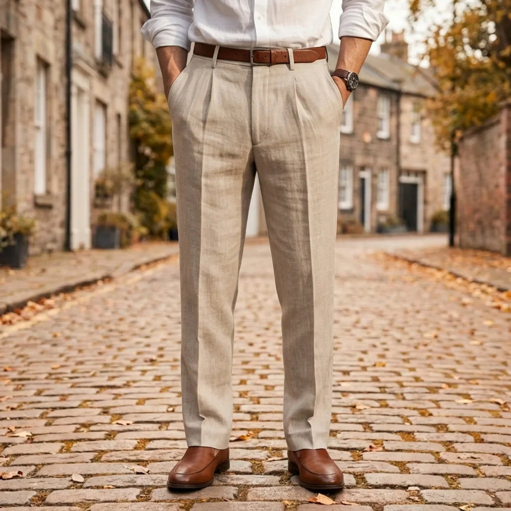 Beige pleated linen trousers paired with a white linen shirt and brown loafers, front view outdoors