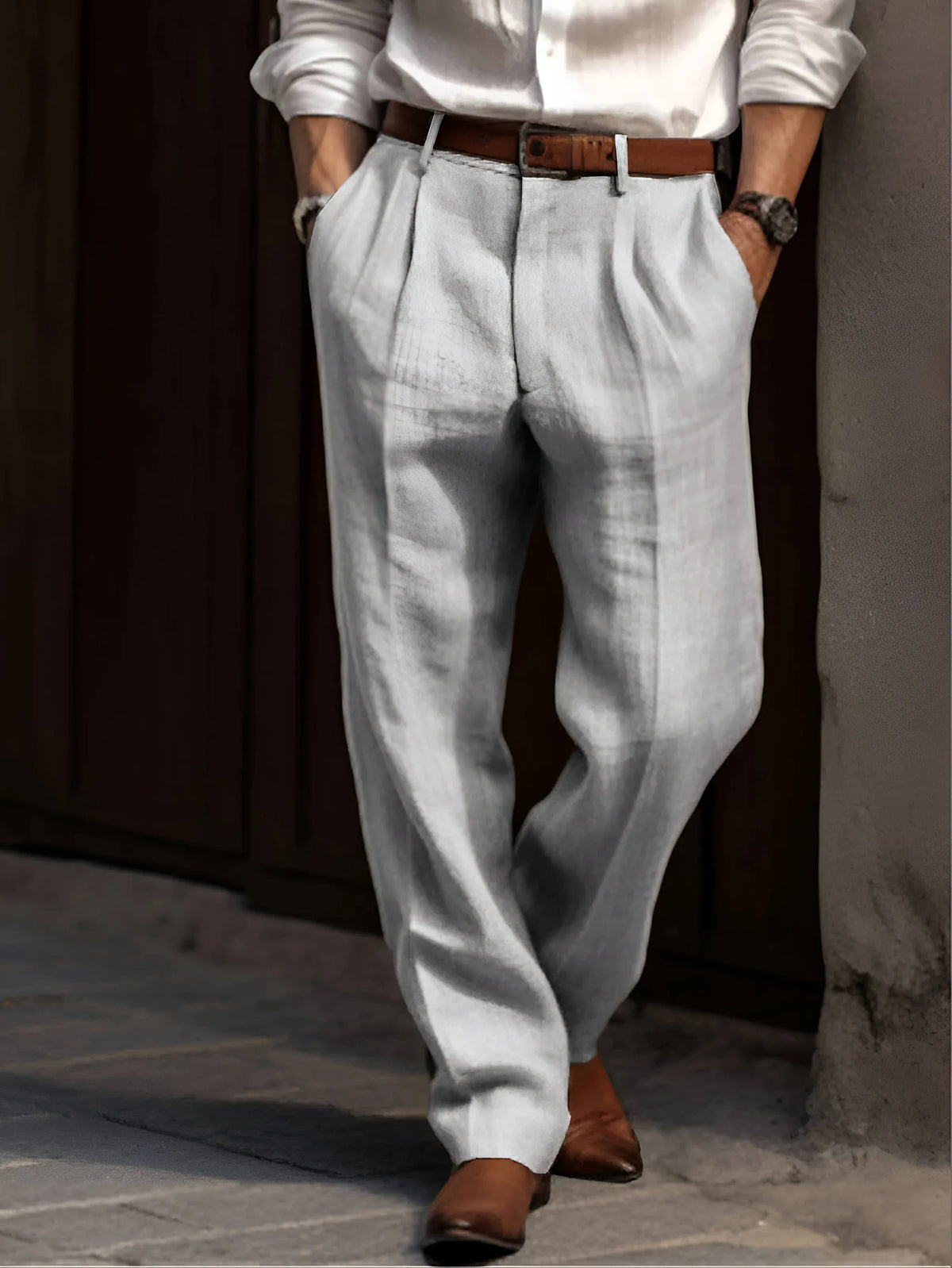 Pleated Linen Trousers, Relaxed Fit Pants