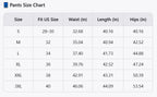 Size chart table listing waist, length and hip measurements in inches for sizes S to 3XL