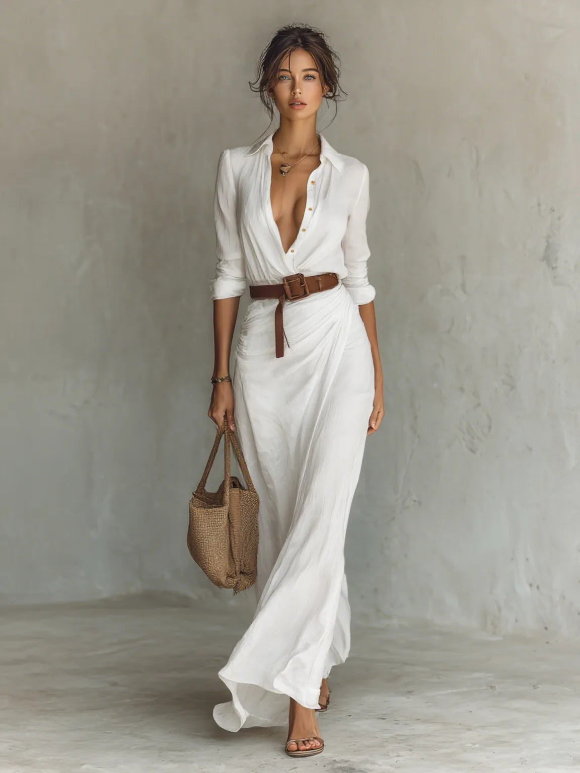 White wrap maxi dress with collared plunging neckline and long sleeves, belted at the waist with a tan leather belt