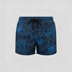 Flat lay front shot of navy swim shorts with all-over teal palm leaf outline print and black drawstring