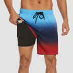Front view of ombre blue-to-red swim shorts with pocket open revealing black compression liner holding a phone