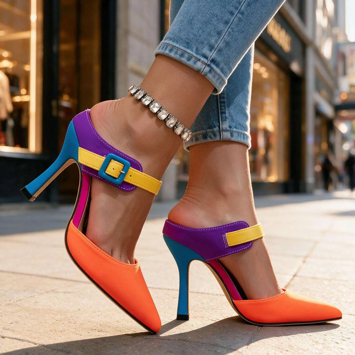 Retro Colour-Block Stiletto Mules with Arch Support