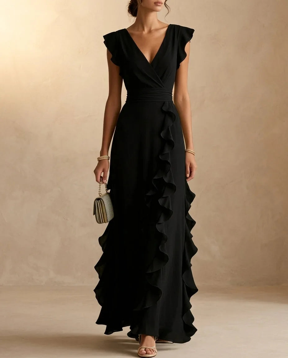 Black V-neck ruffle maxi dress with flutter sleeves, pleated waistband and ankle-skimming hem