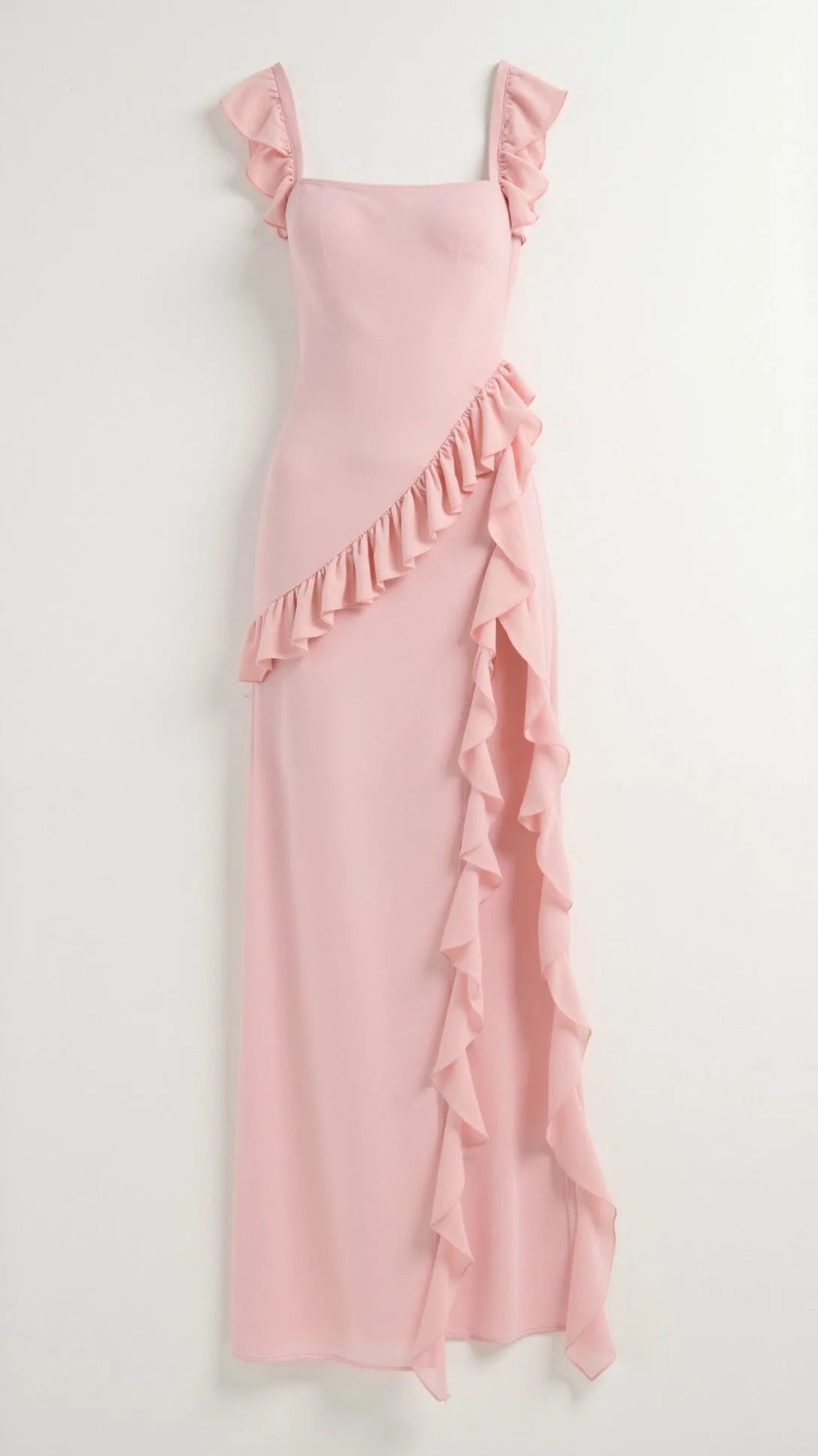 Close-up of pale blue ruffled maxi dress ruffle strap and fitted bodice detail