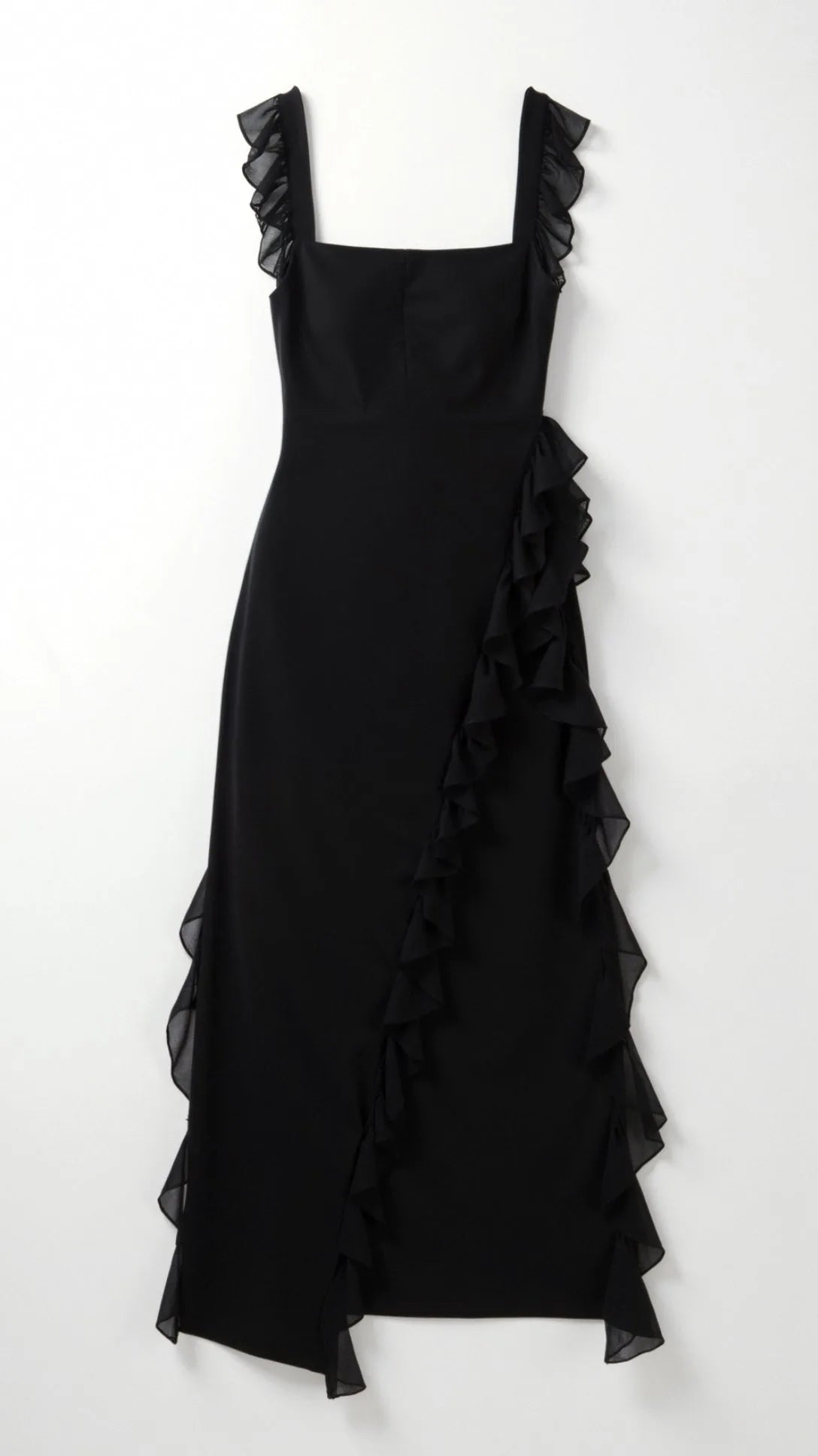 Side angle of pale blue ruffled maxi dress showing the cascading ruffle trim along the skirt and slit