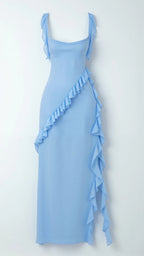 Pale blue ruffled maxi dress displayed flat, showing the fitted bodice, tie straps and sheer ruffle overlay