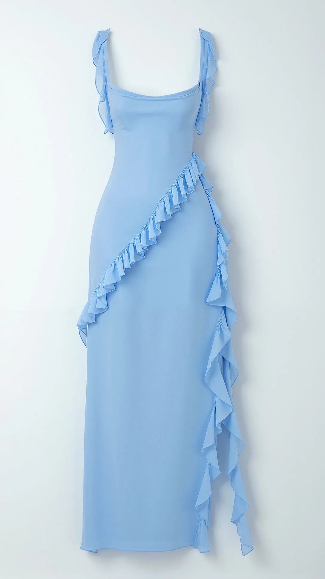 Pale blue ruffled maxi dress displayed flat, showing the fitted bodice, tie straps and sheer ruffle overlay