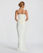Full-length front view of a model wearing the black satin corset dress with a soft skirt flare at the hem