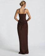 Back view of the brown satin dress showing the lace-up corset back and adjustable shoulder straps
