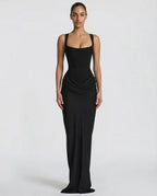 Close front view of the brown satin gown emphasising the structured corset seaming and sweetheart neckline