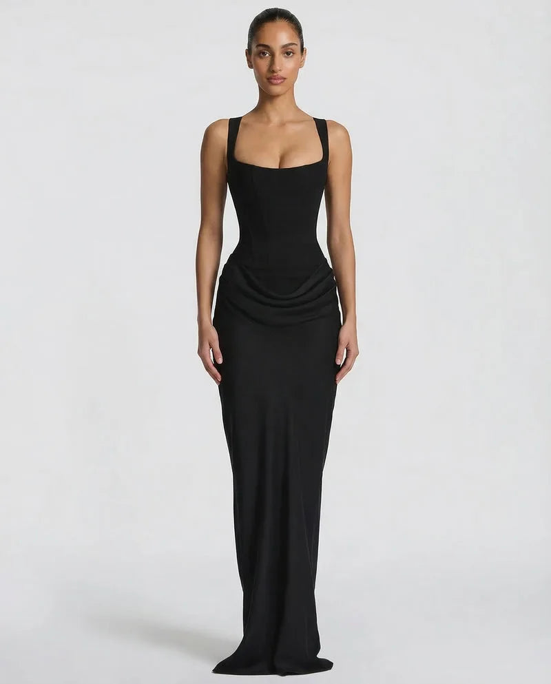 Close front view of the brown satin gown emphasising the structured corset seaming and sweetheart neckline
