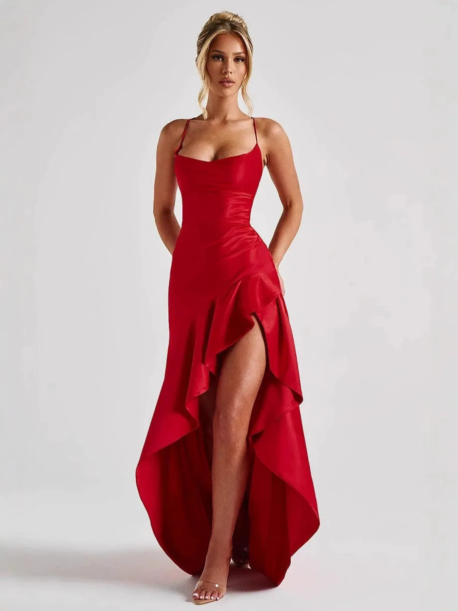 Close front shot outdoors showing the satin sheen of the bodice and the fitted ruched silhouette