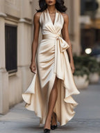 Close view of the halterneck bodice and tie waist bow detail on a satin wrap maxi dress